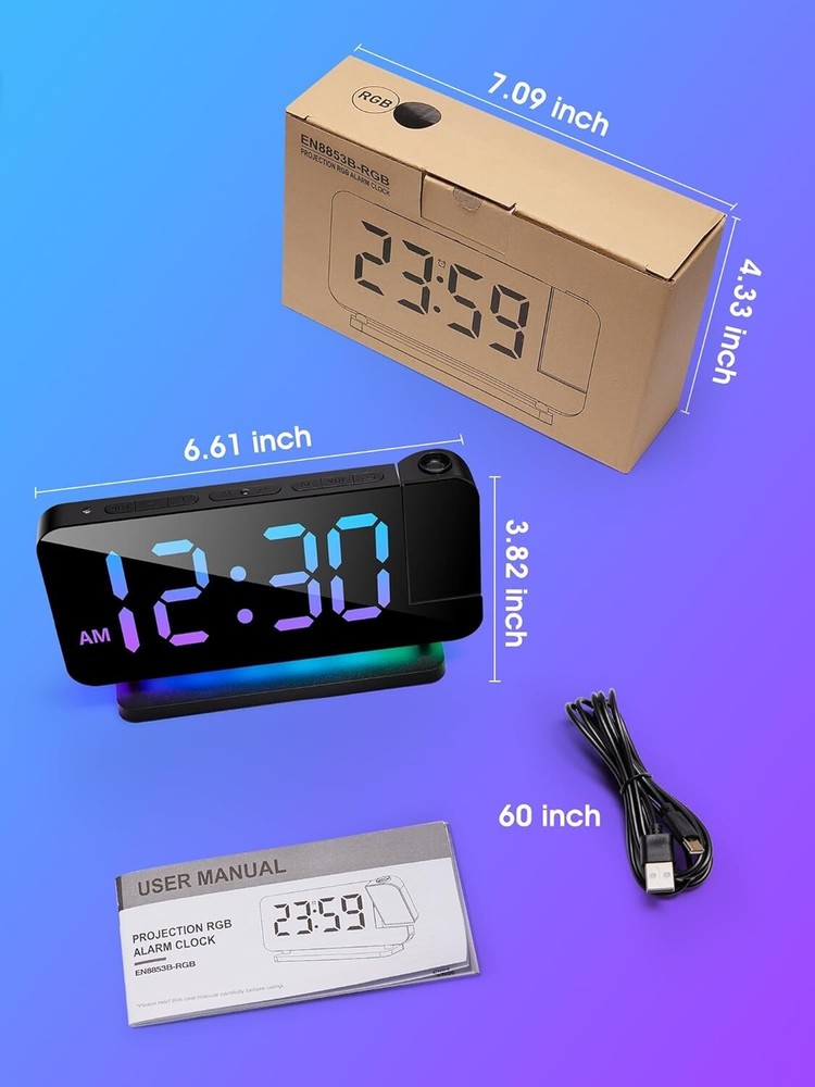 Projection Alarm Clock, Digital Clock with 180° Rotatable 3-Level Brightness