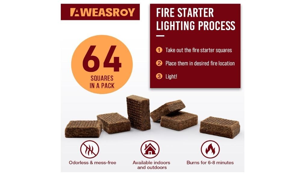Fire Starter Squares 64, Odorless Fire Starters for Fireplace, Camping