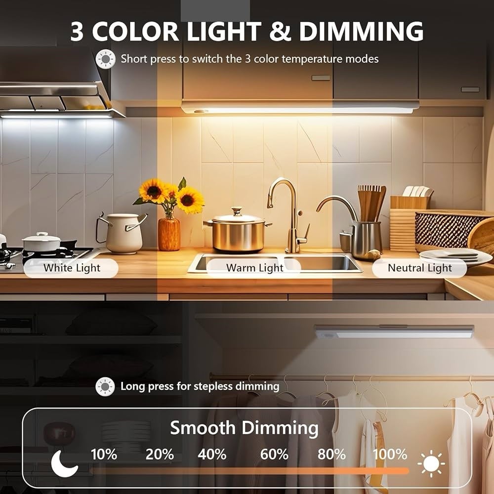 4-Pack LED Under Cabinet Lights, Rechargeable Motion Sensor, 3 Color Dimmable