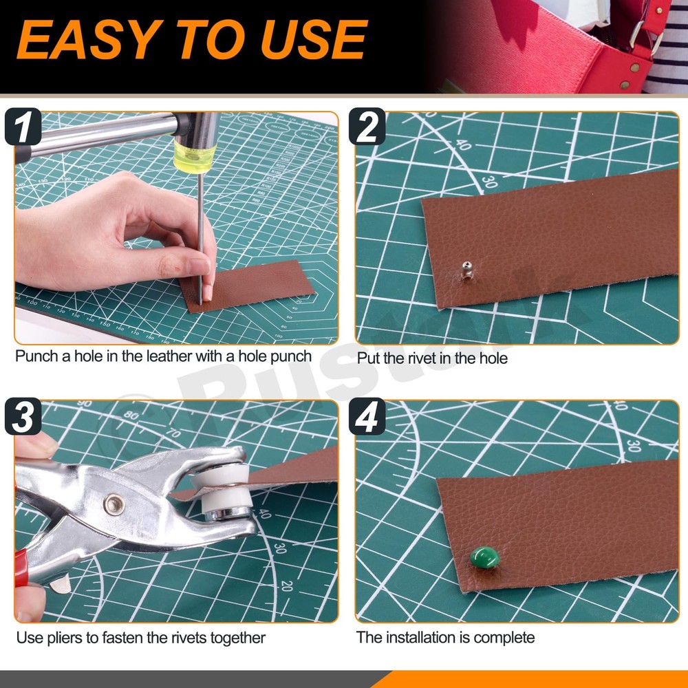 200 Sets 7mm Double Round Cap Leather Rivets with 5Pcs Fixing Tools Kit, 10 C