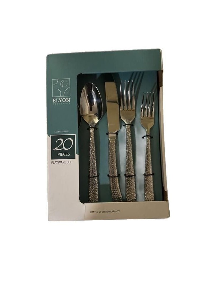 ELYON Tableware Crown Hammered Silver 20-Piece Stainless Steel Flatware Set
