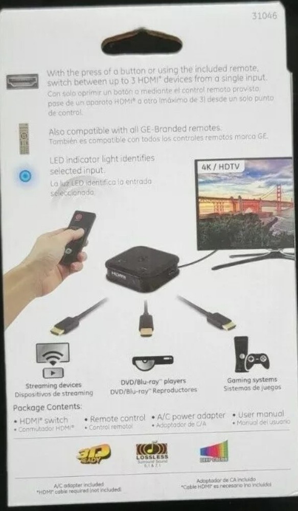 GE HDMI Switch with Remote, 3 Input 1 Output, HDMI 2.0