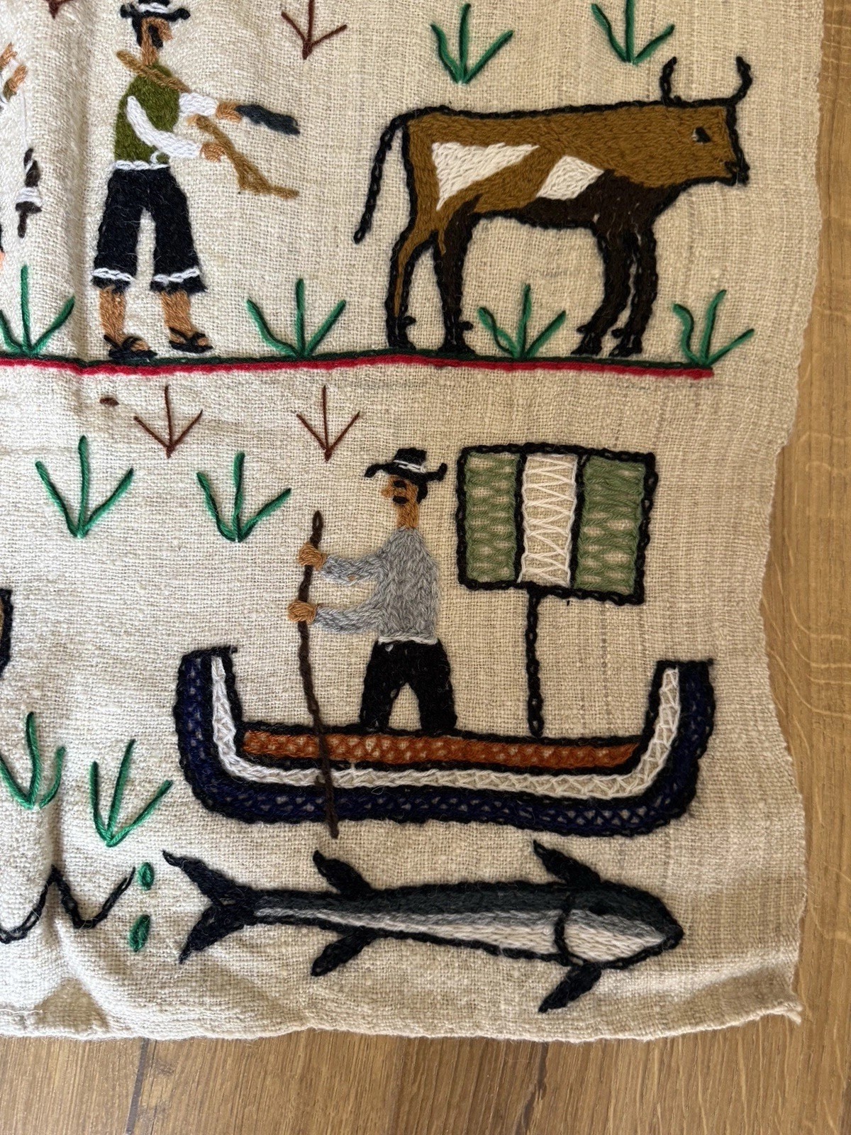 Vintage Peruvian Embroidered Wool Tapestry Wedding Celebration 39x24”