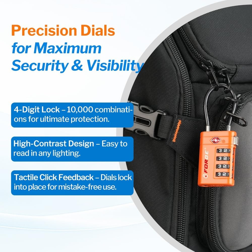 Forge TSA Approved Cable Luggage Locks with TSA008, 4-Digit Combination & Ope...