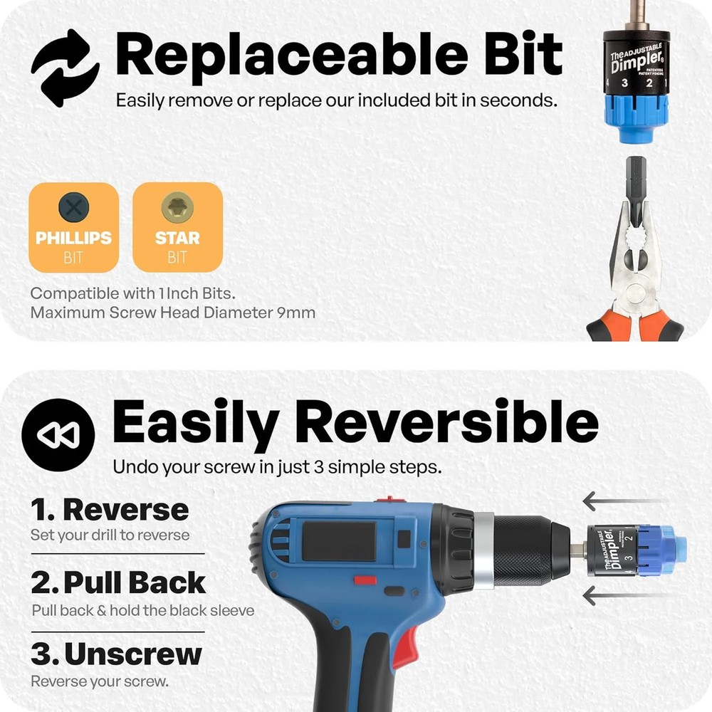 Adjustable DIMPLER ® - Drywall Bit & Screw Gun Attachment, Converts Drill into D