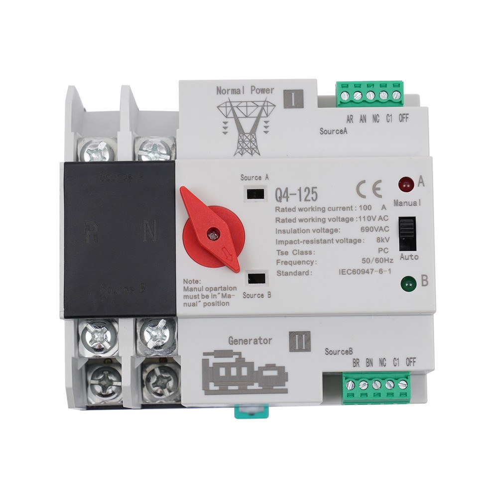 Dual Power Transfer Switch Generator Changeover Switch Automatic 110V 2P 100A US