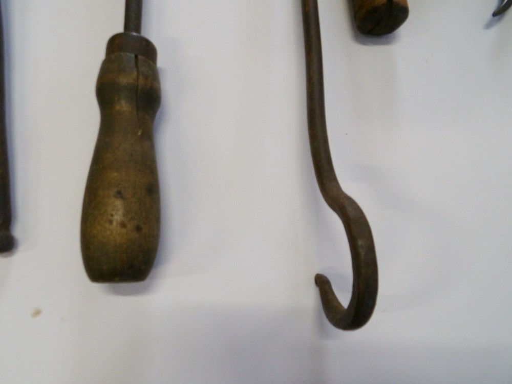 Antique Blacksmith Tools, Hooks, Knife Sharpener, Etc
