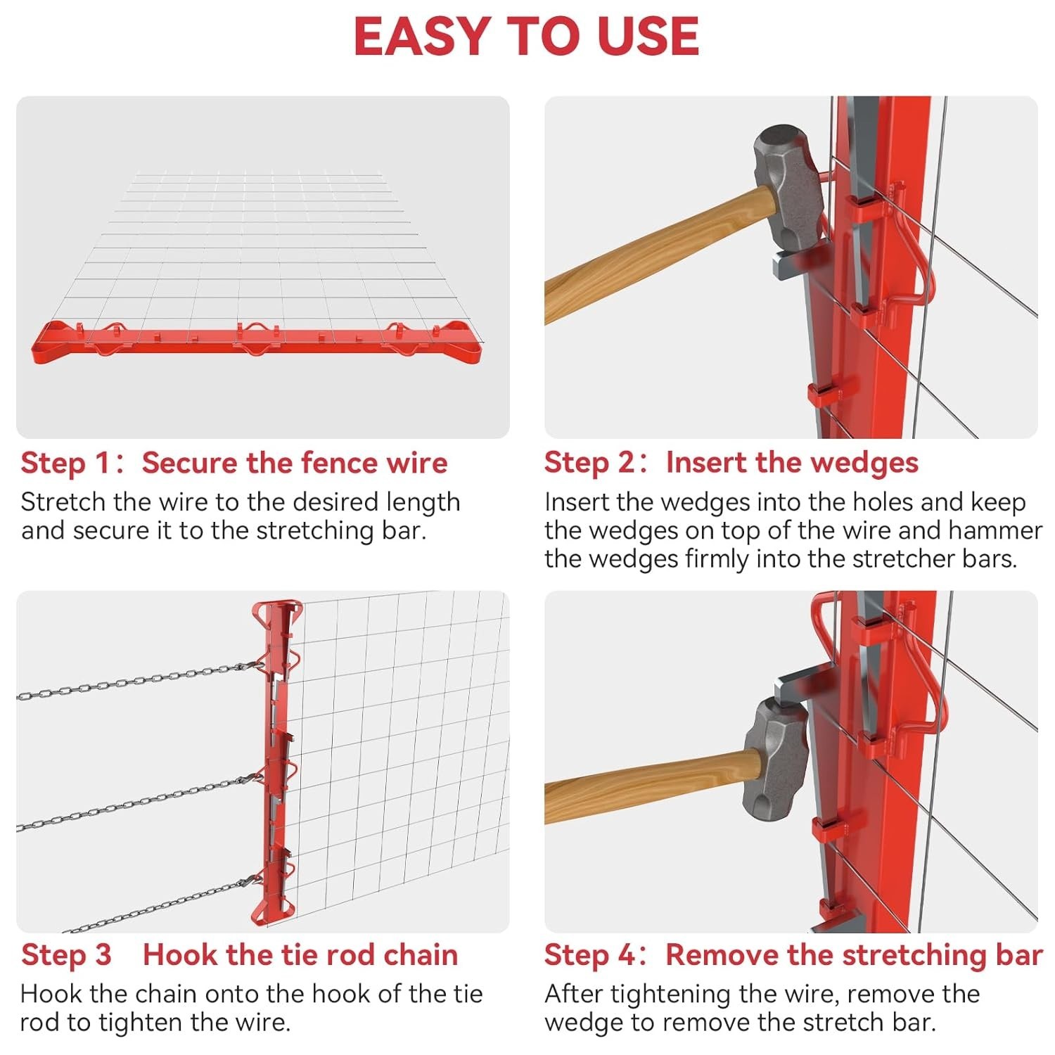 4Ft Woven Wire Fence Stretcher Bar with 5 Wedges, Red Fence Stretcher Tool Steel