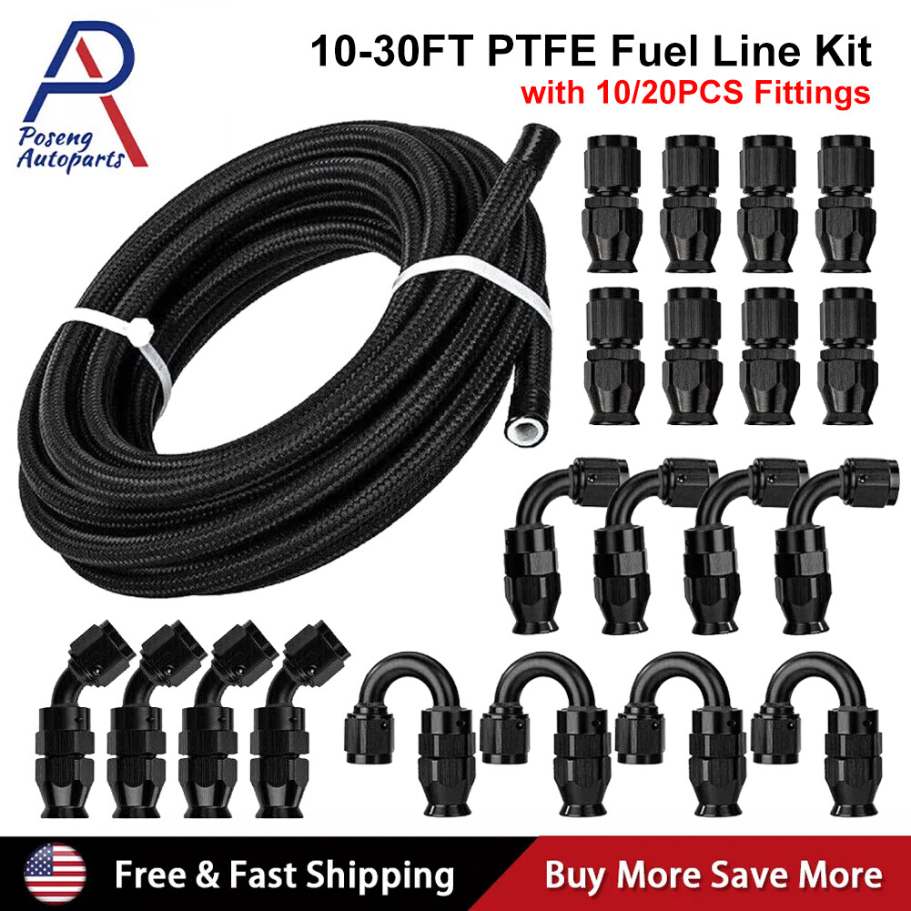 6AN 8AN 10AN Nylon E85 PTFE Fuel Line Hose 20-30FT w/10 or 20 Fittings Kit BLACK