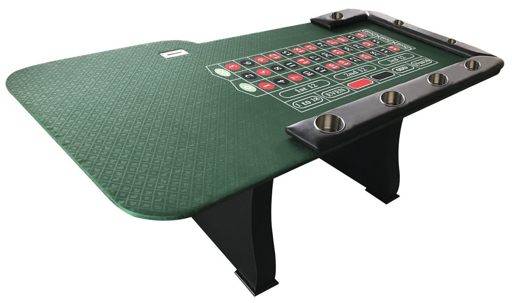 96" Roulette table with wooden legs, 7 cups, prep for drop box, replaceable felt