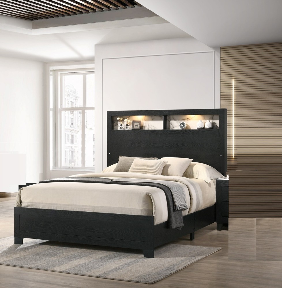 Modern Black & White Marble 1pc Queen Size Panel Bed LED Backlight Headboard