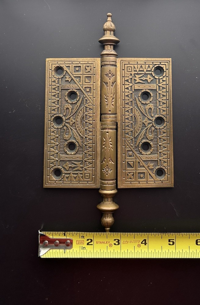 Antique 5" Solid Brass Steeple Tip Hinges (3) & Escutcheons (2) Reclaimed