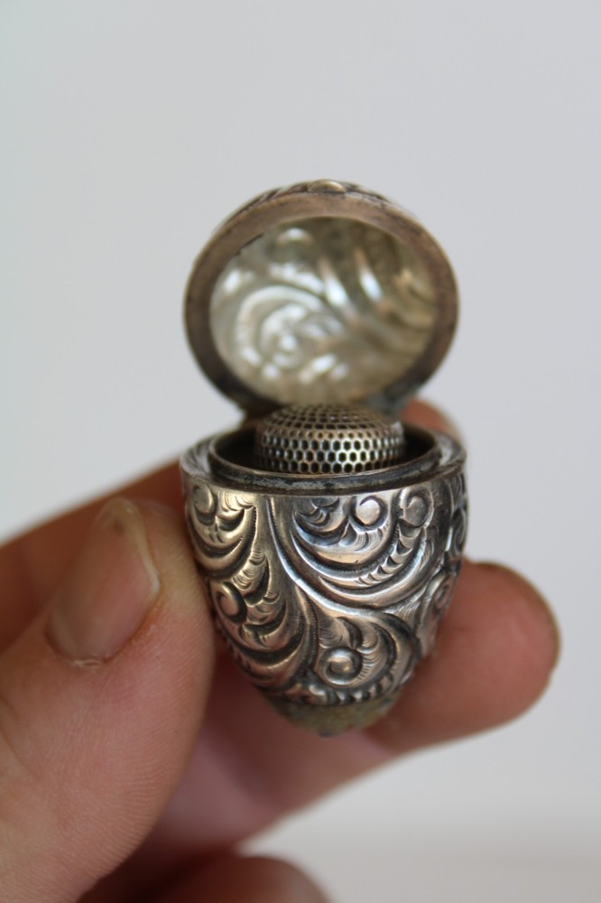 Antique Sterling Silver Repousse Sewing Chatelaine Egg Thimble Case & Pincushion