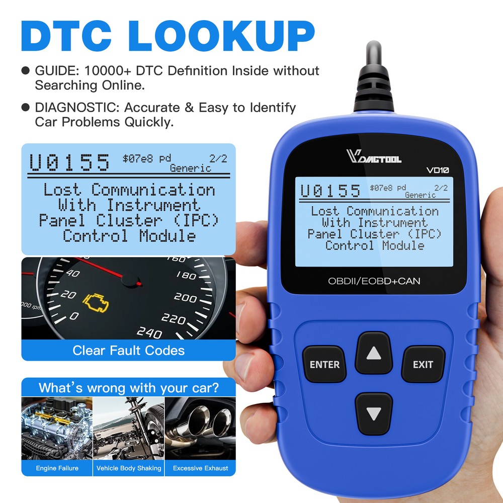 VDIAGTOOL VD10 OBD2 Scanner Car Diagnostic Tool Scanner Read/ Erase Code I/M