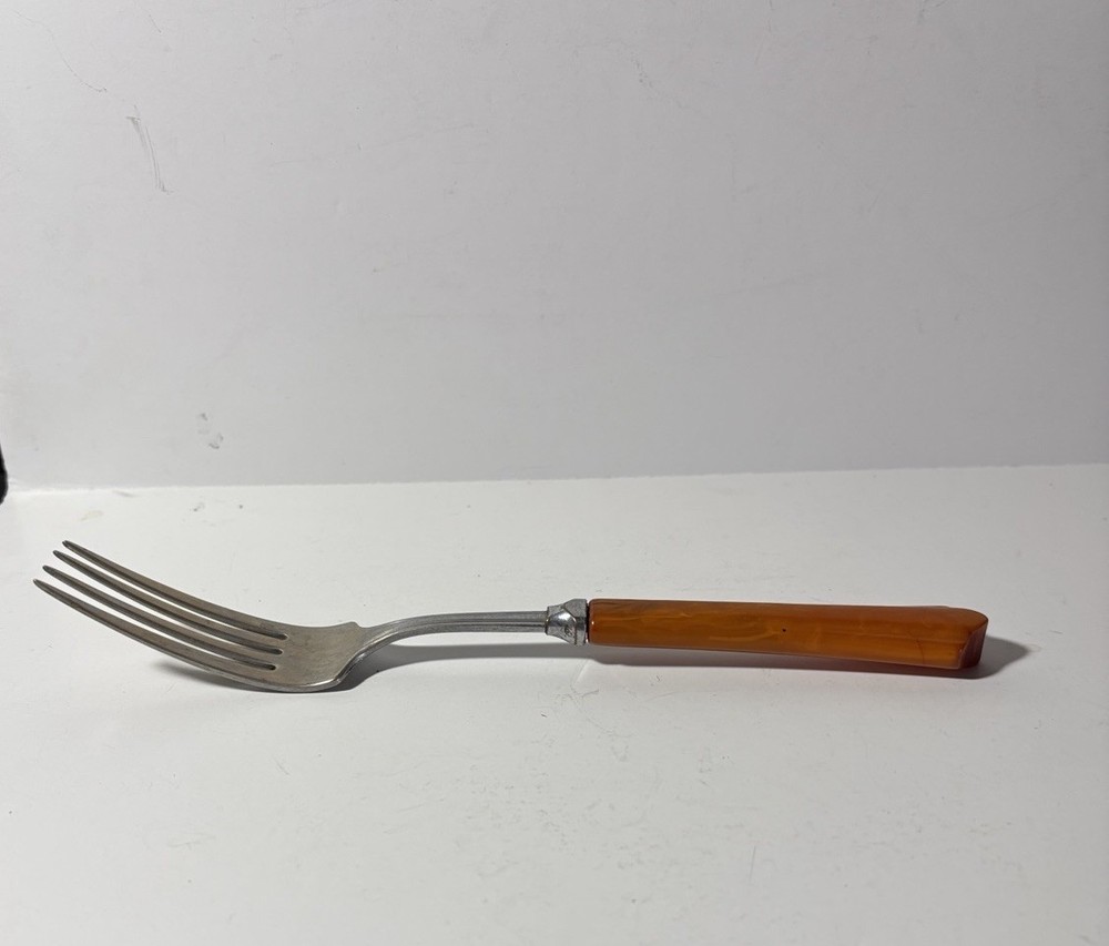 MCM Butterscotch Bakelite Handled Stainless Steel Dinner Fork & Dinner Spoon