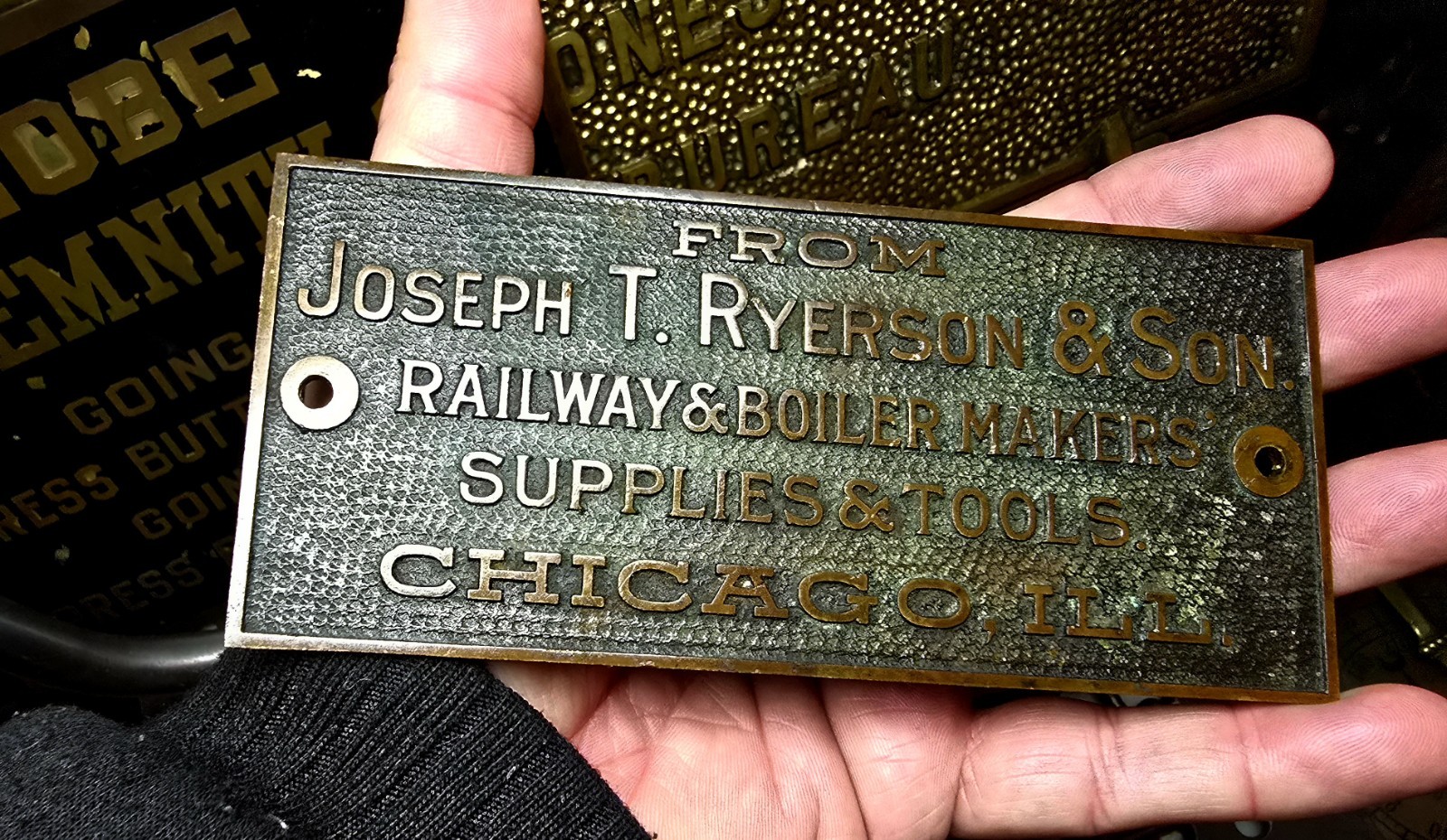 Antique 1890's Railroad Ryerson & Son Chicago IL Makers Brass Plate