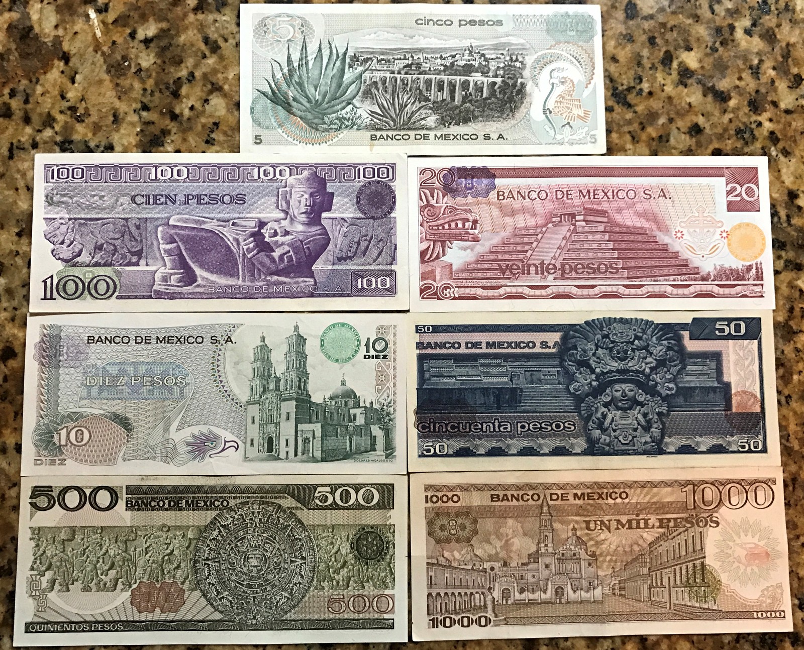 7 billetes Banco de Mexico 1970-1980 5,10,20,50,100,500 y 1000 Sin Circular