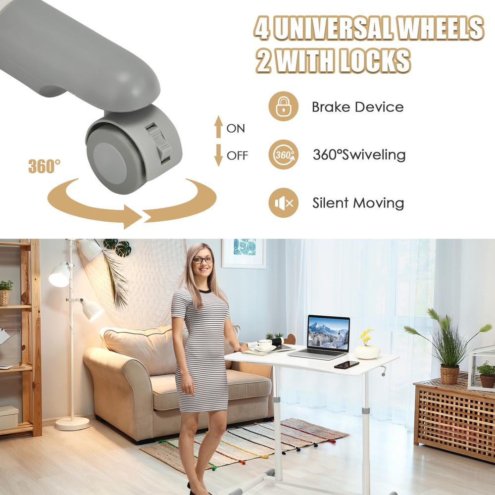 Costway Height Adjustable Computer Desk Sit Stand Rolling Notebook Table White