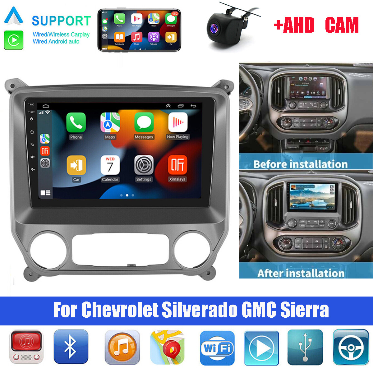 STEREO RADIO GPS ANDROID 12 CARPLAY FOR 2014-2018 CHEVROLET SILVERADO GMC SIERRA