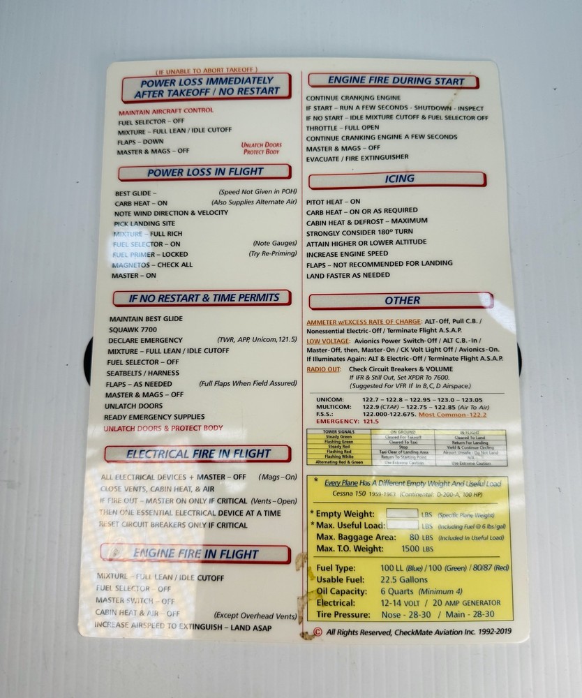 Cessna 150 Checklist Card CheckMate Pilot Quick Reference Emergency 1959-63