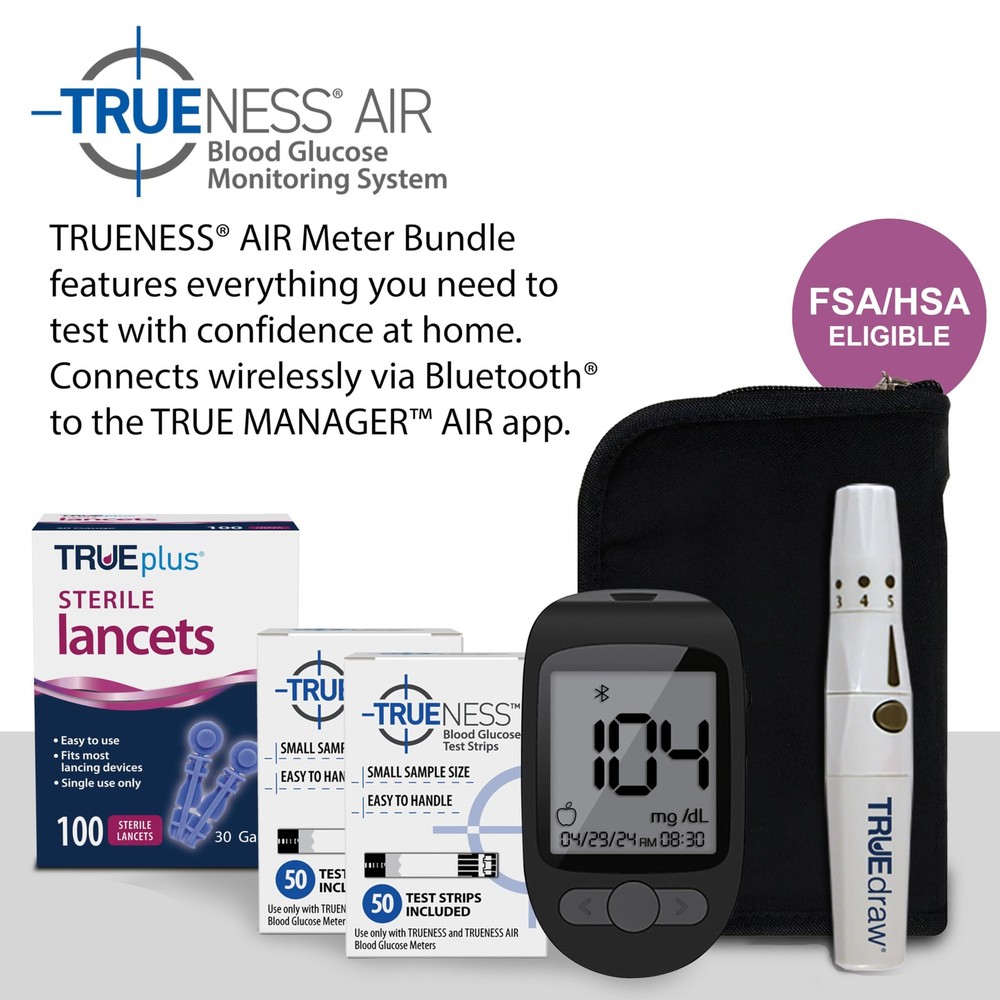 Blood Glucose Meter Bundle - Bluetooth Compatible, 100 Test Strips, 100 Lancets