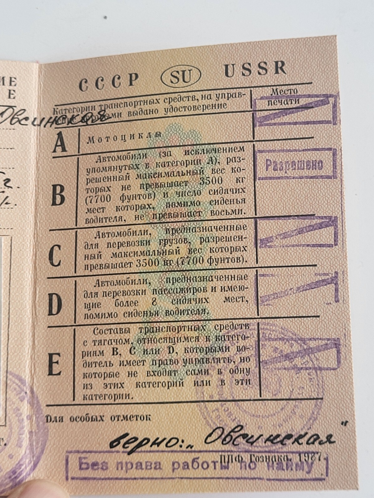 USSR Soviet Driver's License 1991 , New