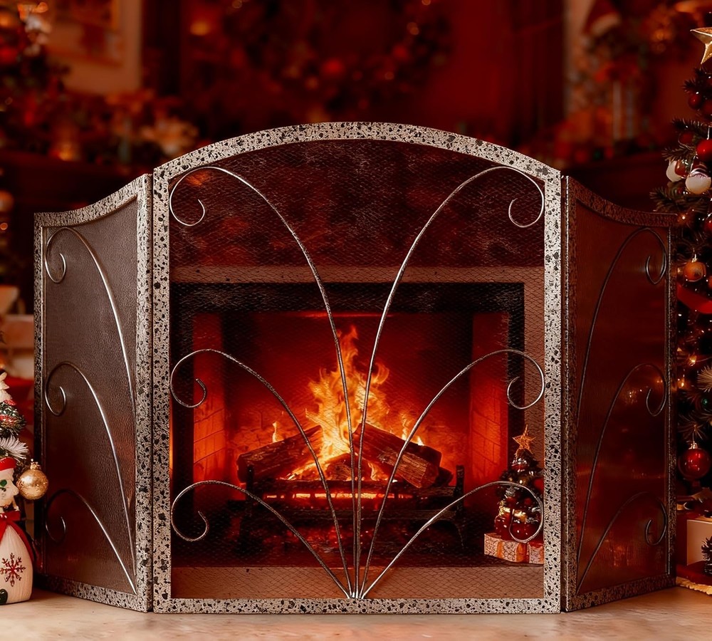 3-Panel Arched Fireplace Screen Decorative Handcrafted Scroll Wrought Iron
