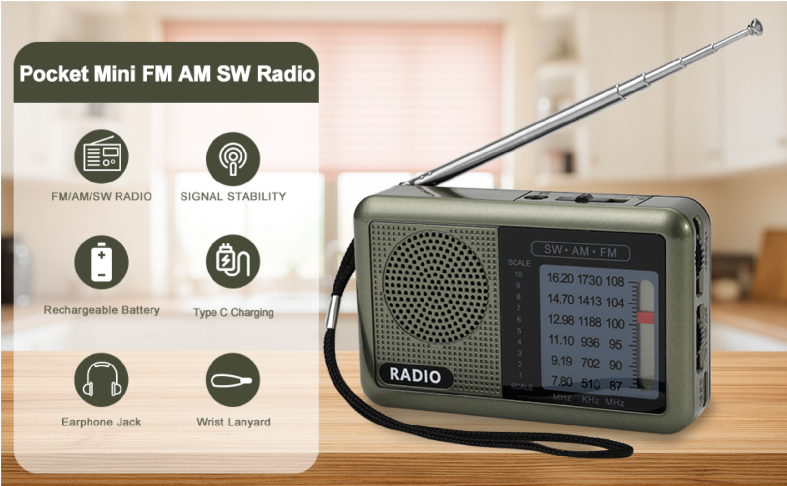 3 Band Mini Pocket Radio with Rechargeable Battery, Portable FM AM Shortwave R..