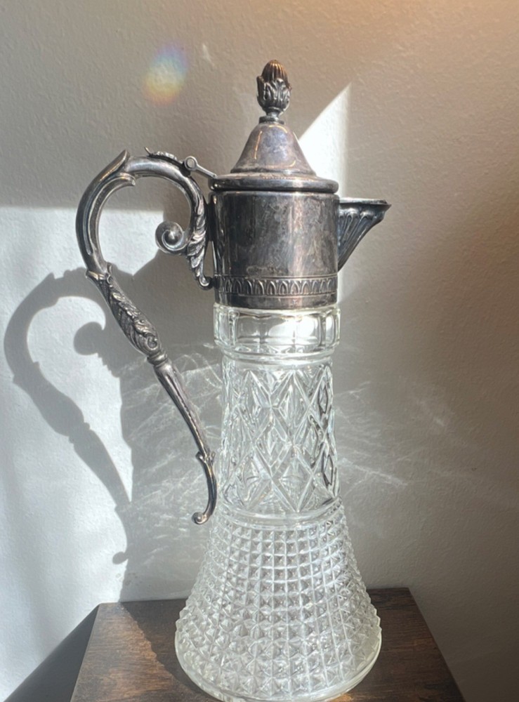 Italian Silverplate Cut Glass Lidded Pitcher Victorian Diamond Pattern