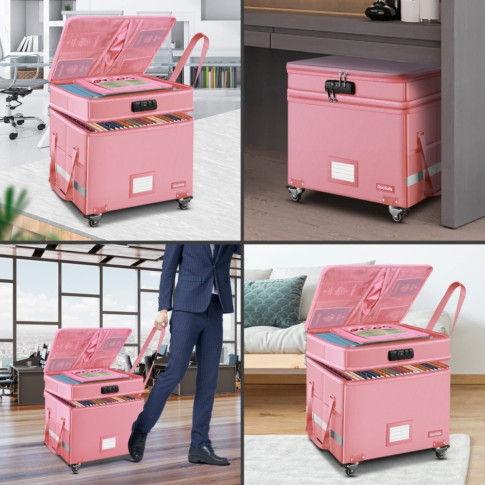 DocSafe File Box with Lock,2-Layer Fireproof Document Box with Wheels,Collaps...