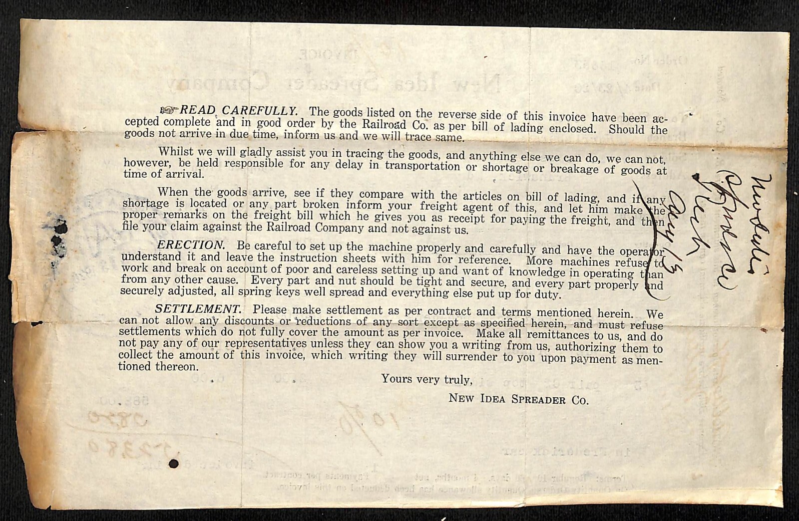 New Idea Spreader Co Coldwater, OH 1920 Invoice Billhead (#4)