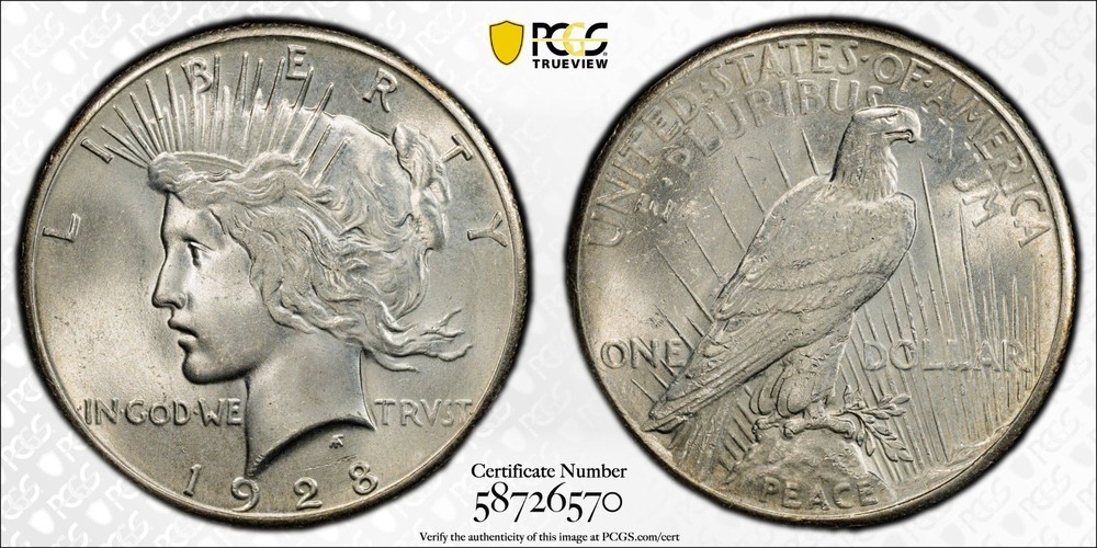1928 PEACE DOLLAR PCGS MS 63 EXCEPTIONALLY SMOOTH, SOFT AND SATINY GLOWING WHITE