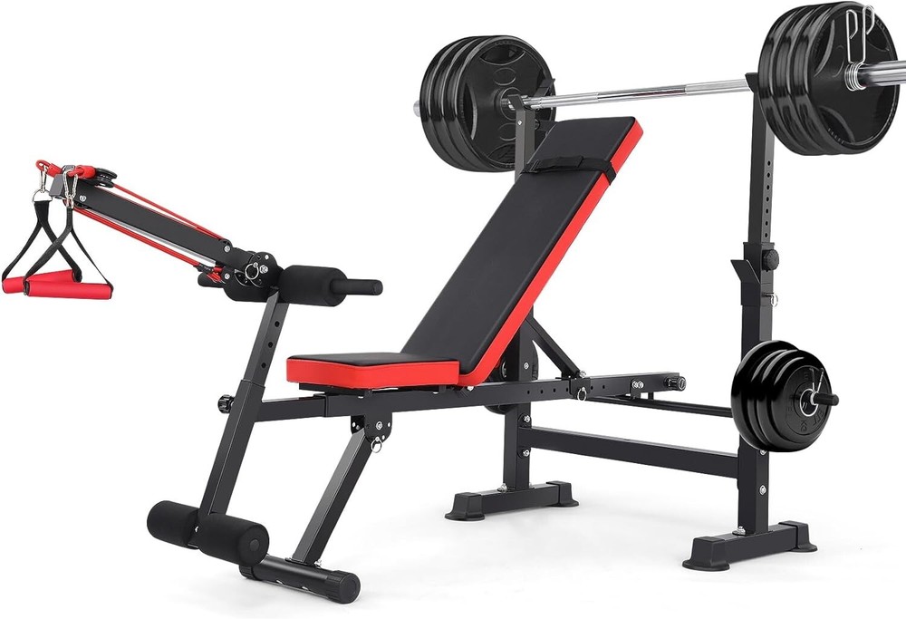 600lbs Foldable Adjustable Weight Bench Set w/Squat Rack & Removable Foot Catch✅