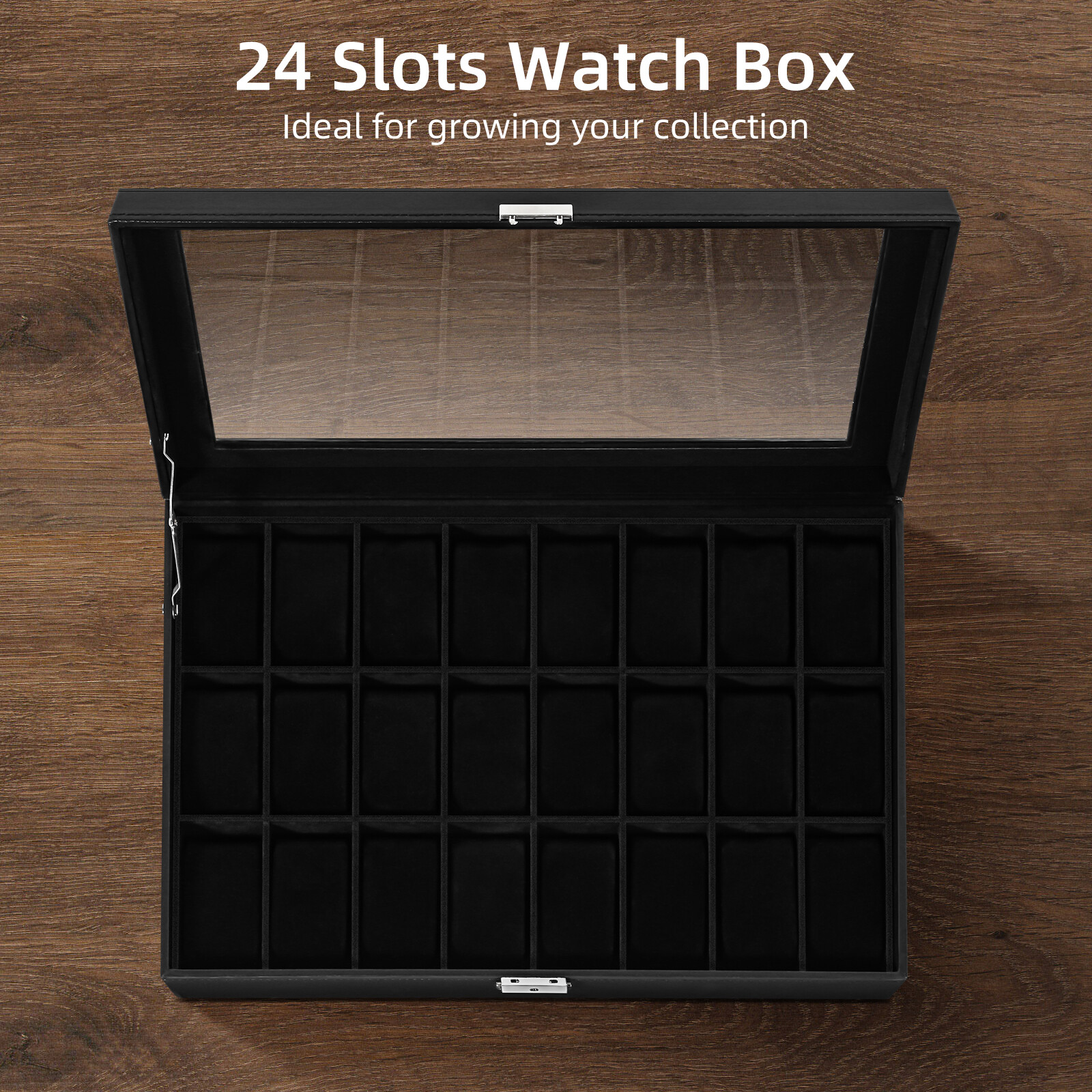 24 Slots Watch Case Box PU Leather Glass Lid Jewelry Organizer Display Case Gift