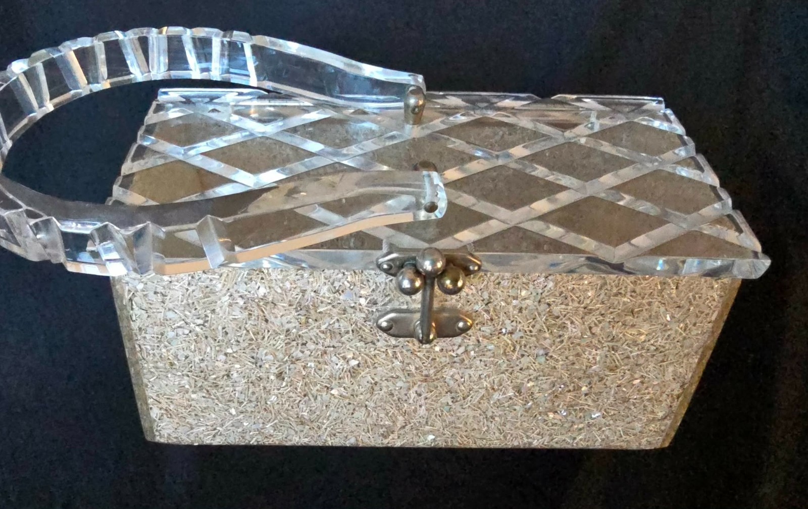 Vintage Charles S. Kahn Lucite Glitter Box Purse 1950s Crystal Cut Top & Handle
