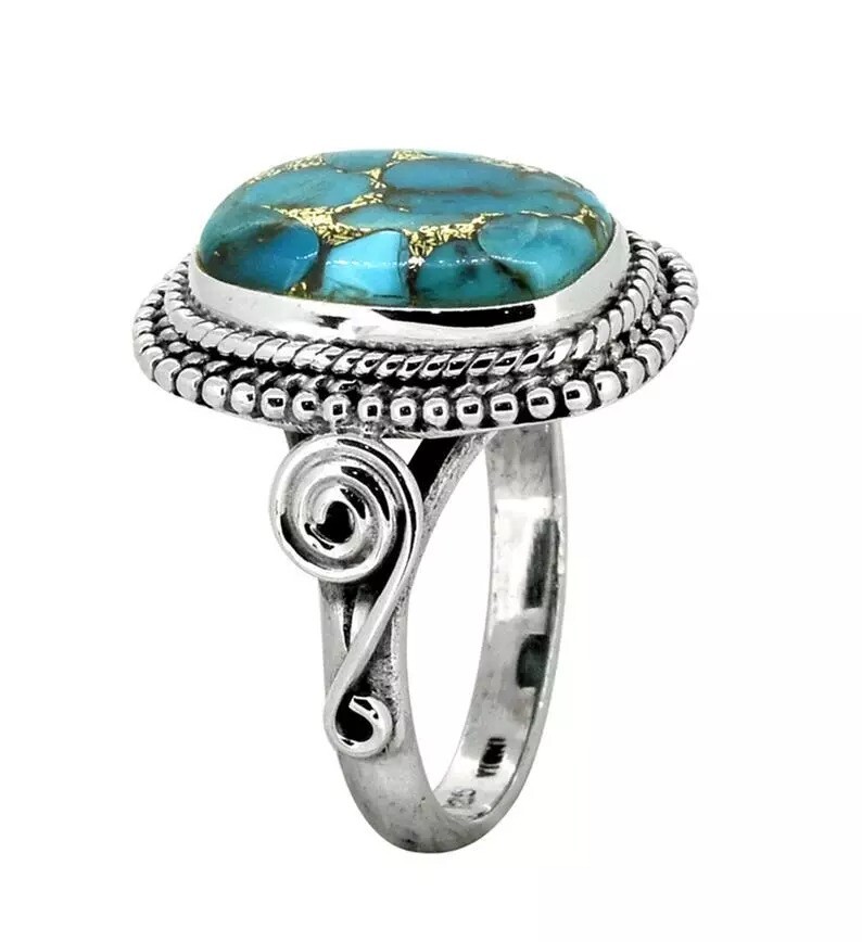 Solid 925 Sterling Silver Blue Copper Turquoise Handmade GENUINE Ring