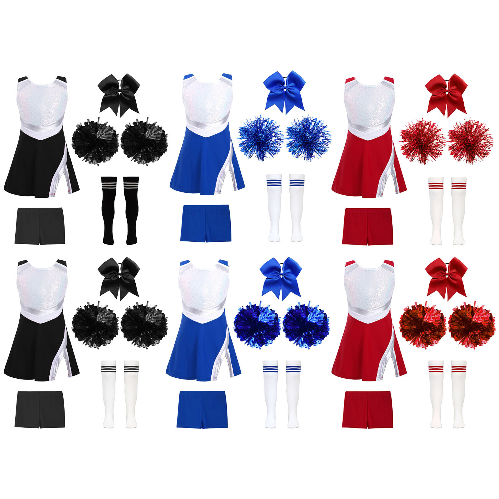Kids Girls Cheer Leader Costumes Sequins Uniforms Shiny Cheerleading Outfits