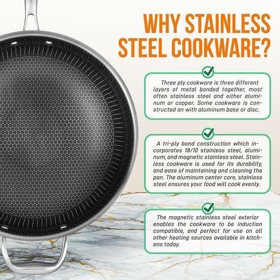 NutriChef 12'' Durable Wok Set with DAKIN Etching Non-Stick Coating - Silver