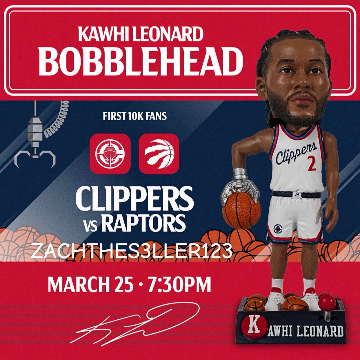🔵🔴Kawhi Leonard LA Clippers Bobblehead New SGA Klaw Machine 3/25 PRESALE🔵🔴