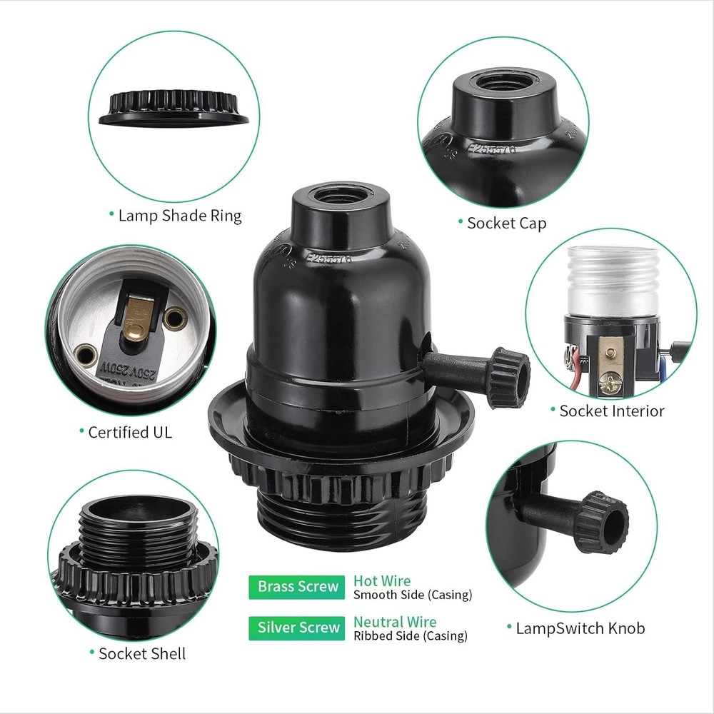 Durable E26 Light Socket with ON/OFF Switch & Shade Ring - Black Phenolic Finish