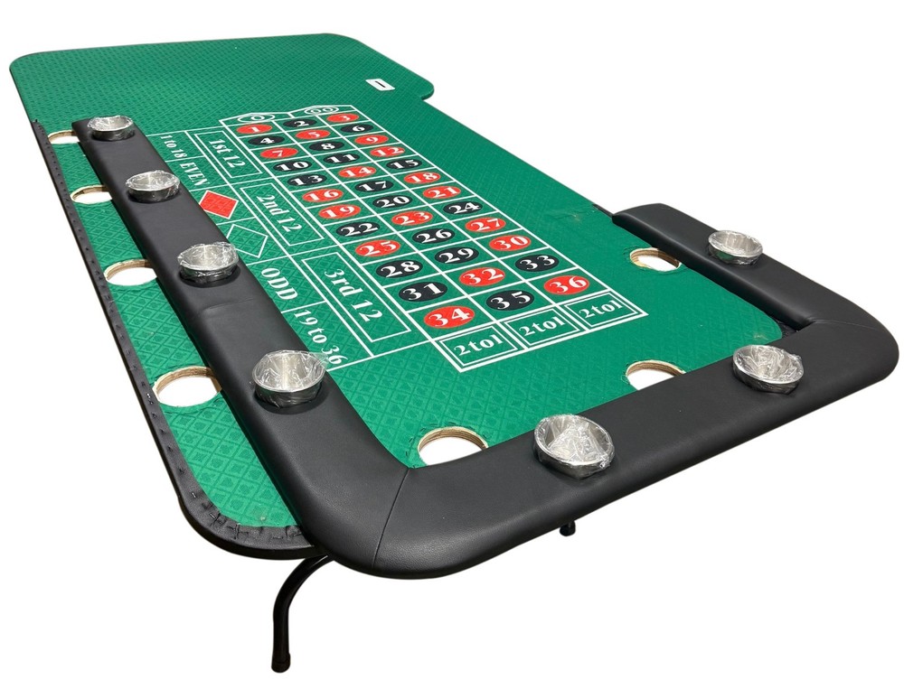 96" Roulette table with wooden legs, 7 cups, prep for drop box, replaceable felt