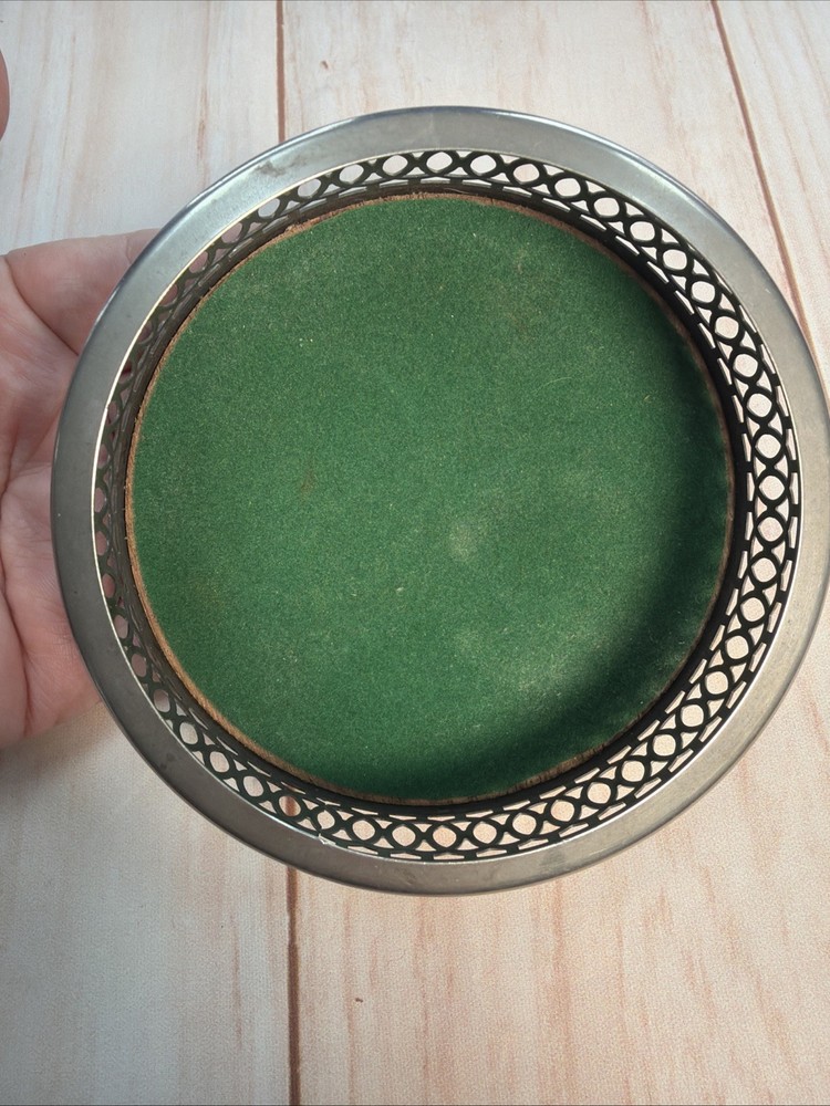 vintage silver tone wine coaster with felt bottom