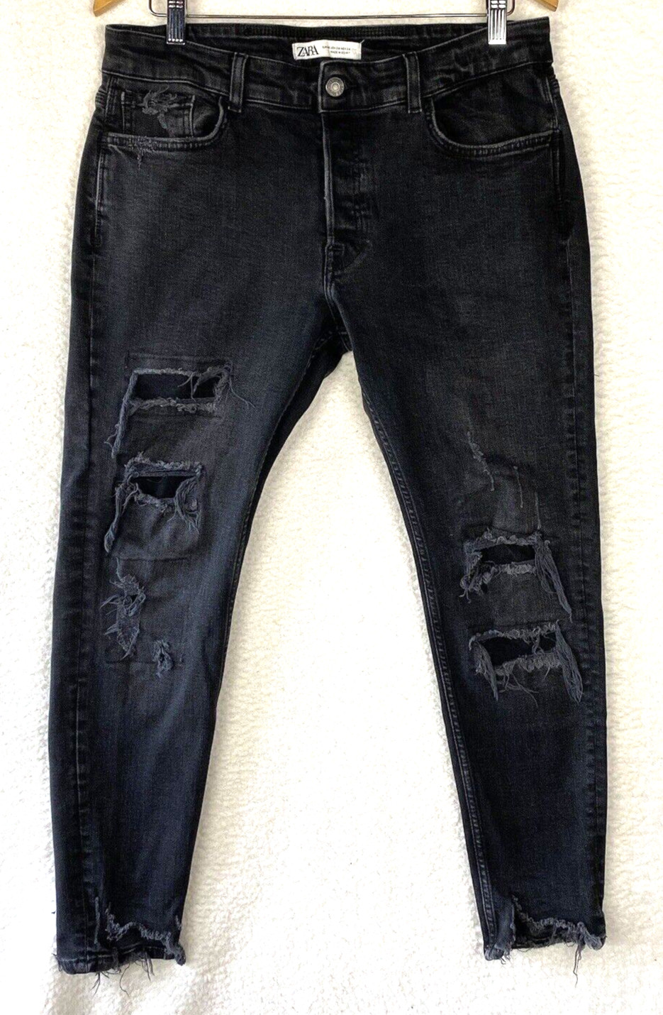Zara Destressed Jeans Womens 34 Button Fly Cropped Black Skinny Raw Hem Mid Rise
