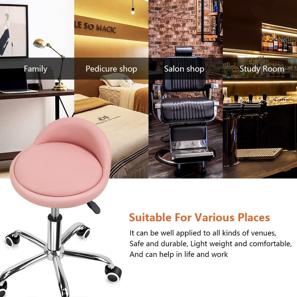 PU Leather round Rolling Stool with Back Rest Height Adjustable Swivel Drafting