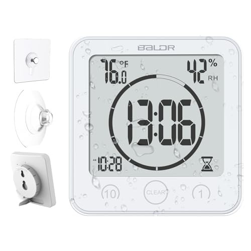 Shower Clock Waterproof Bathroom Clock with Timer/Temperature/Humidity, White