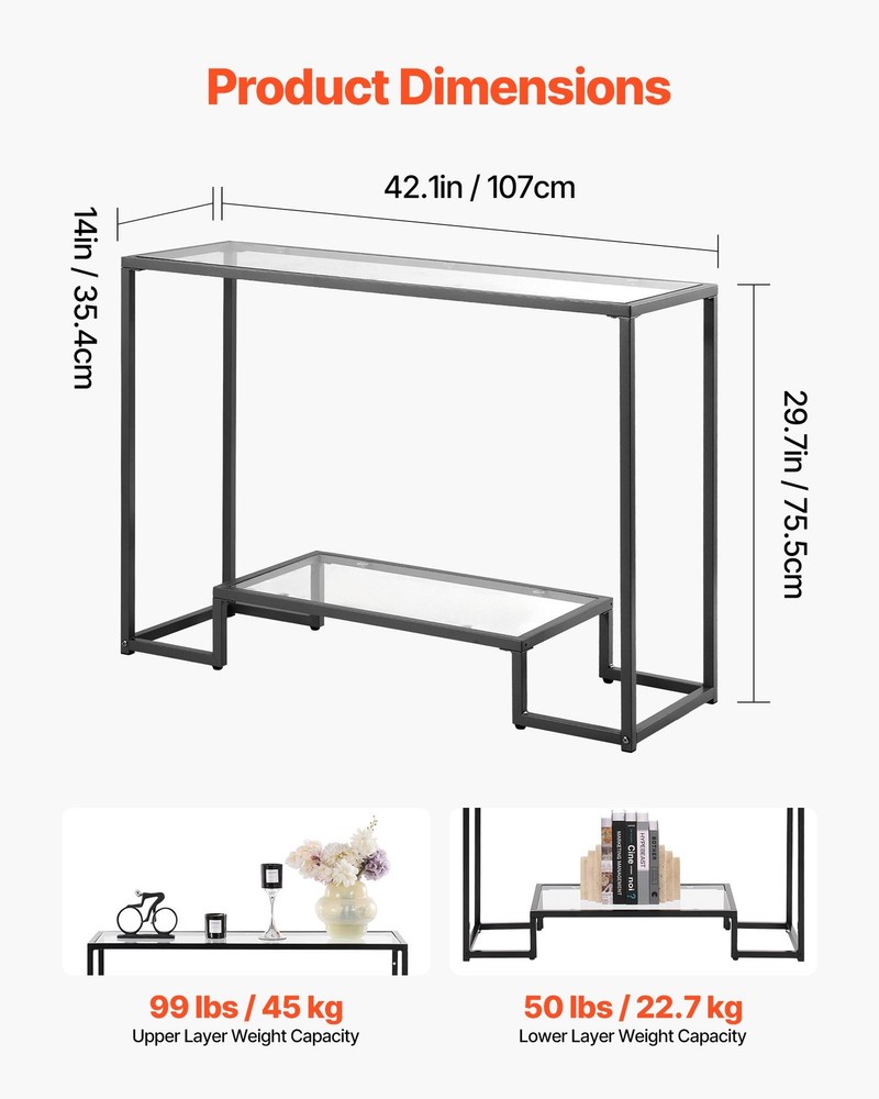 [New]2-Tier Glass Console Table, Modern Rectangle Sofa Side Table with Tempered