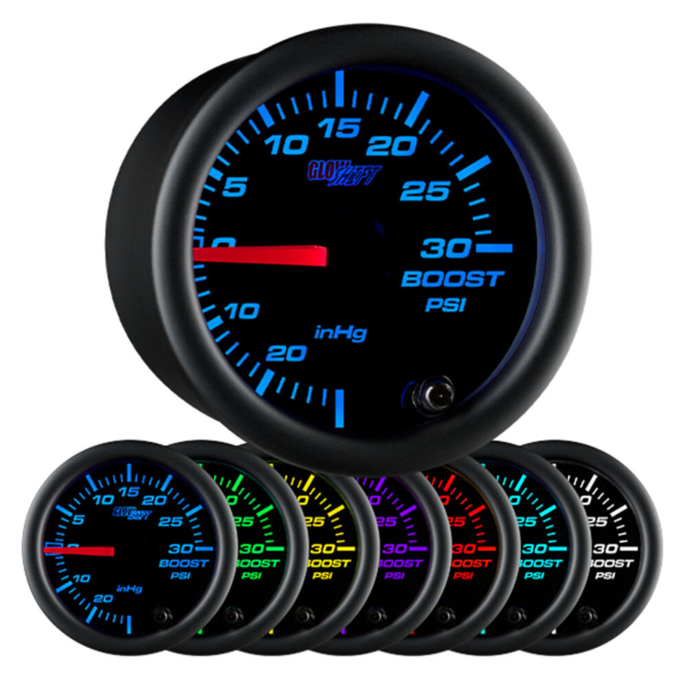 52mm Black Face Turbo Boost / Vacuum Pressure PSI Gauge w 7 Colors & Hose Kit