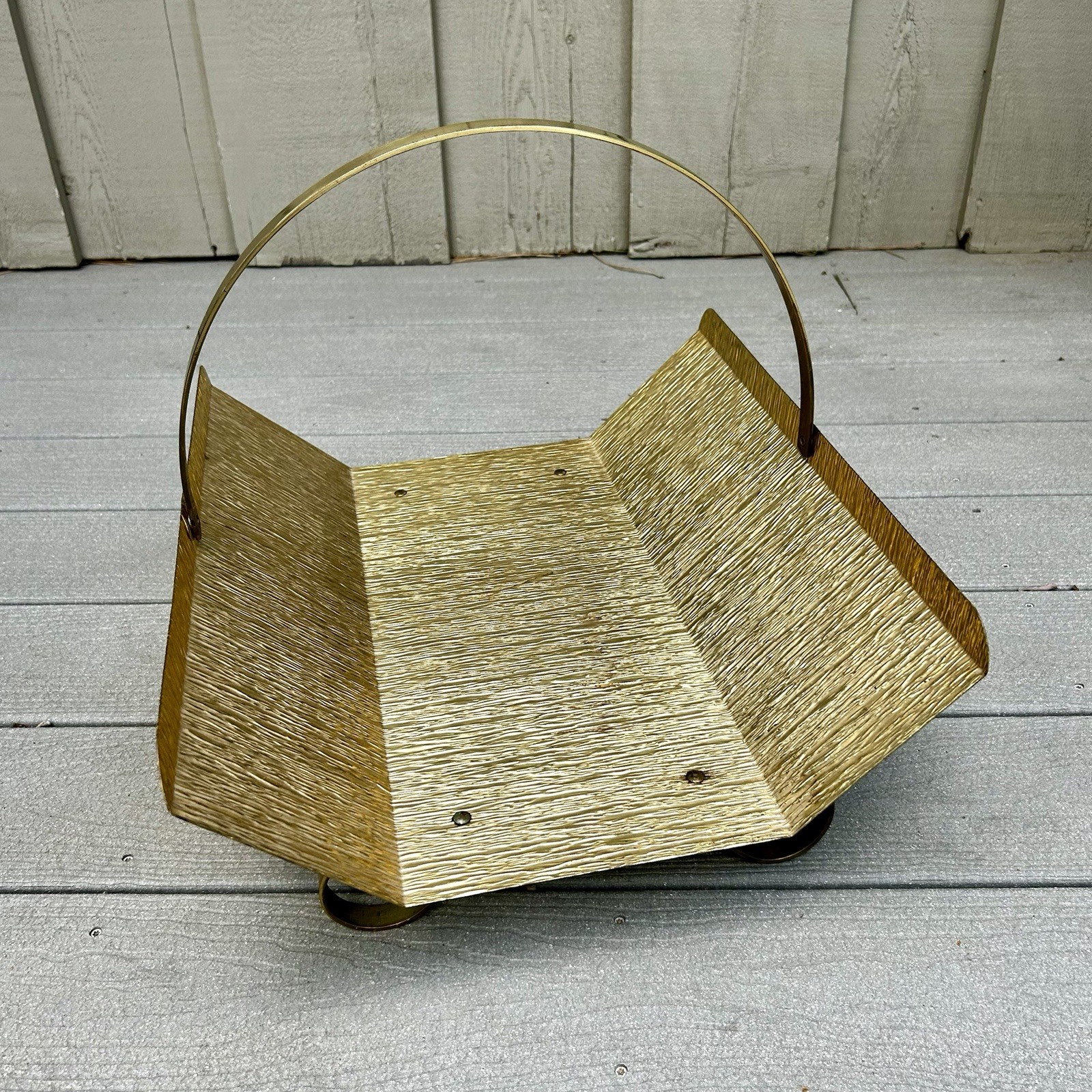 VTG Mid Century Brutalist Metal Brass Log Holder Hearth Fireplace 18x15.5x7