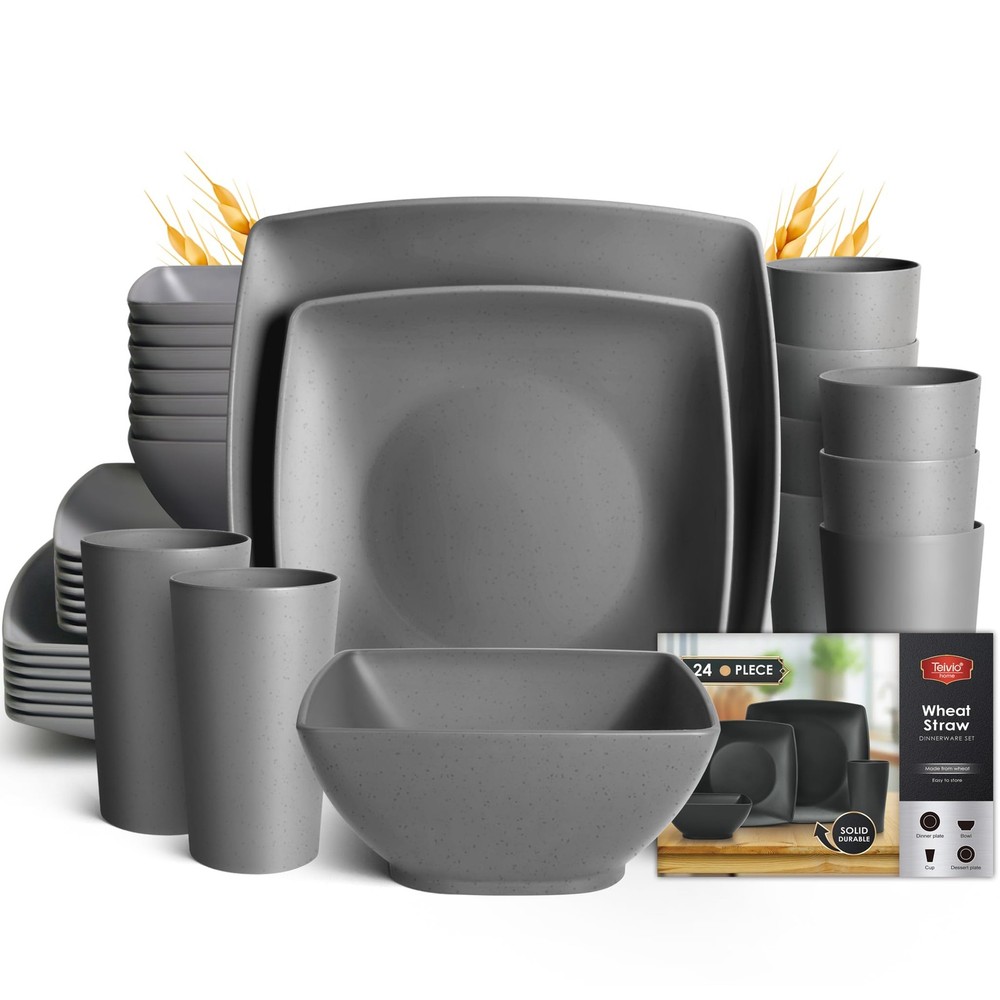 24-piece Plastic Wheat Straw Square Dinnerware Sets,for 6, Unbreakable Dinner...