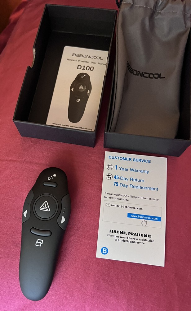 Beboncool Wireless Presenter Model D100, 2.4 GHz With Laser Pointer 39’ FT Range